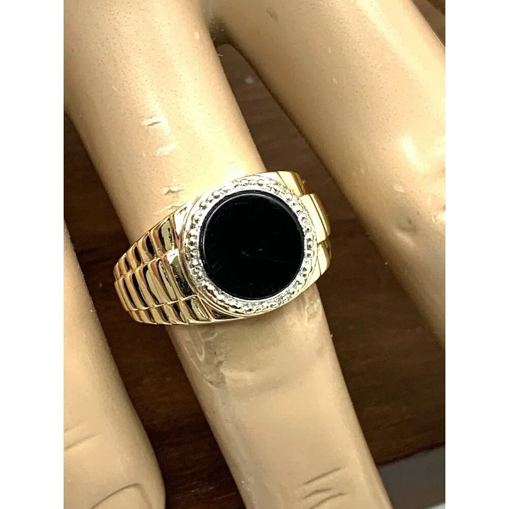 Rolex Style Ring 10k Yellow Gold Diamond Onyx Statement Cocktail Men's S…